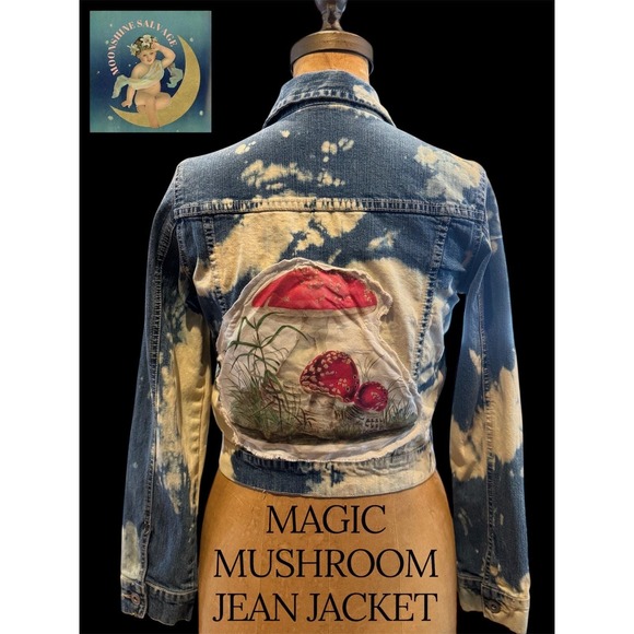 Distressed/ Reworked Denim Jacket Magic Mushroom Vintage Patchwork Boho XS